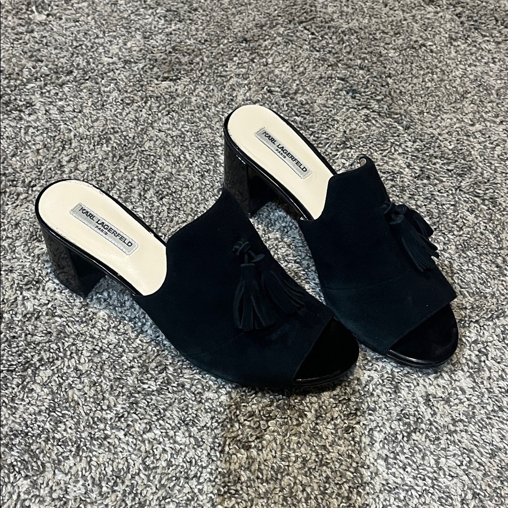 Karl Lagerfeld Paris Hettie Black Suede Tassel Peep-Toe Block Heel Mules